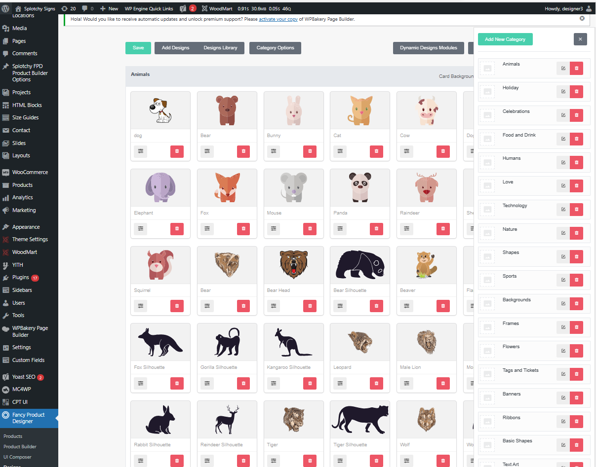 Fancy Product Designer backend Designs Library showing the asset categories and per-design management controls