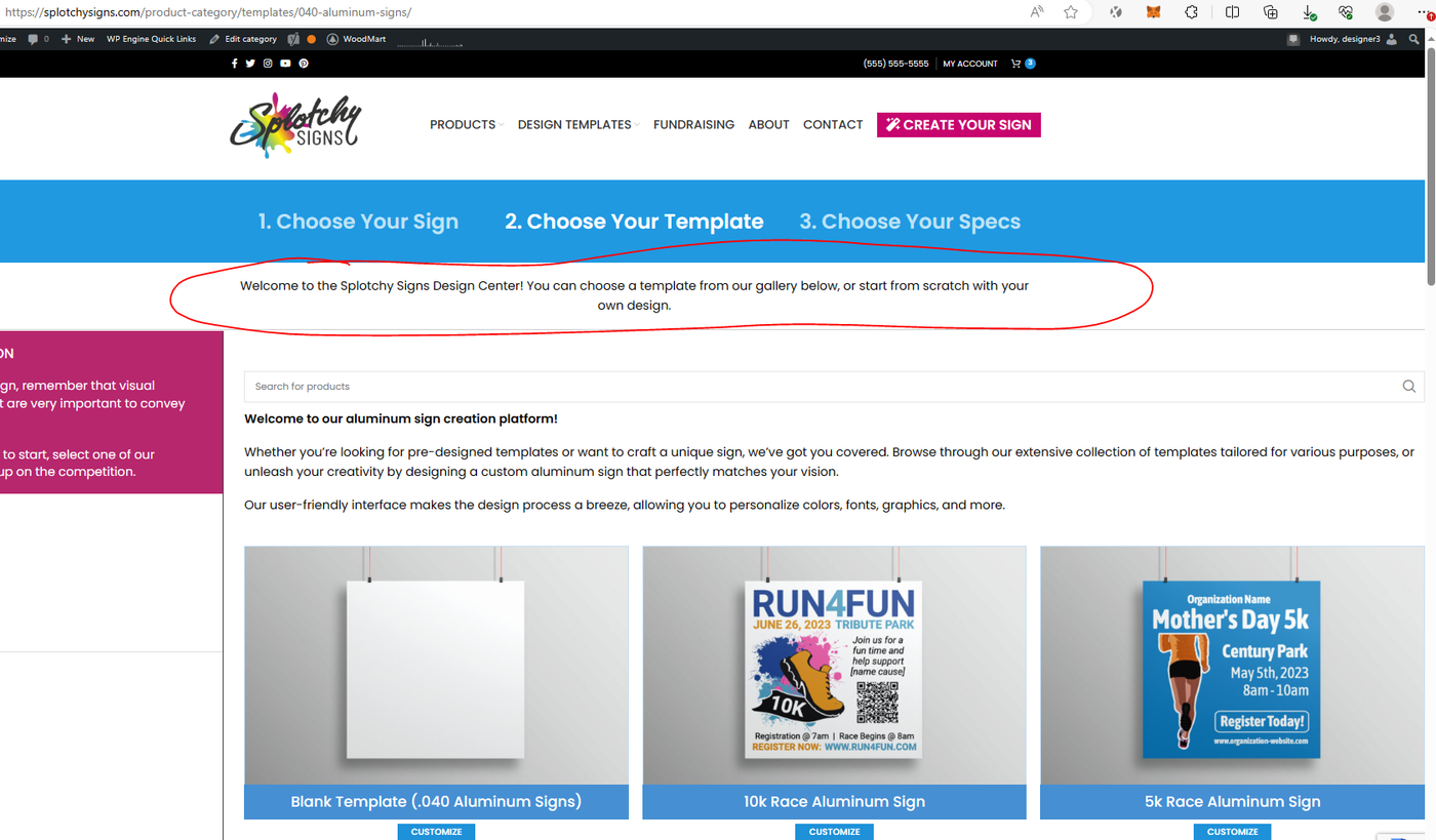 Splotchy Signs Design Center template gallery — the customer-facing navigation built on the organized catalog