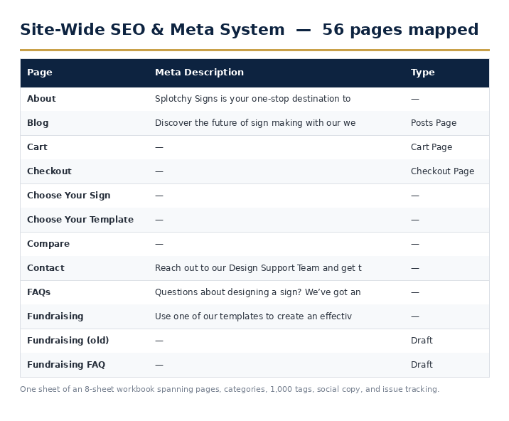 Site-wide SEO and meta system spreadsheet mapping 56 pages with descriptions and types