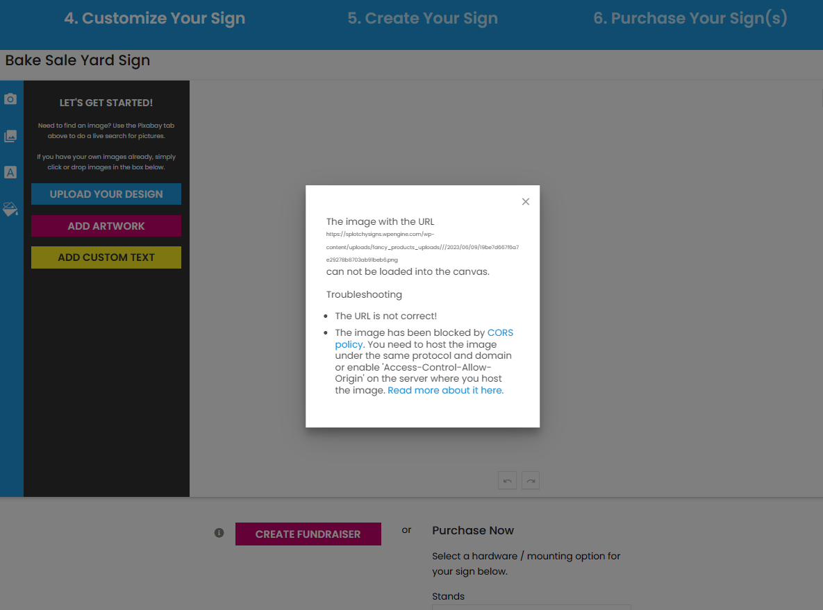 Live Splotchy editor showing an artboard that failed to load into the canvas, with a CORS / image-load error modal over the six-step design flow