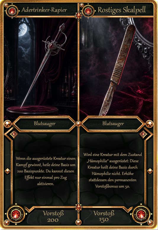 Split vertical Attack Equipment card with two half-cards, a rapier and a scalpel