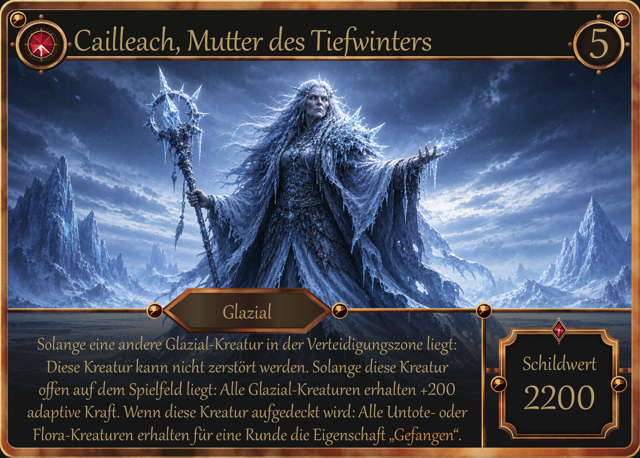 A finished horizontal Defender Creature card, Cailleach, Mutter des Tiefwinters, in an aged-bronze frame with a ruby medallion, archetype plate, rules text and a Schildwert value of 2200