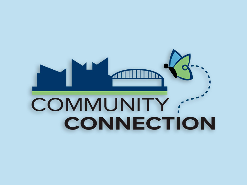 Community Connection logo — skyline, butterfly, and dashed connection path
