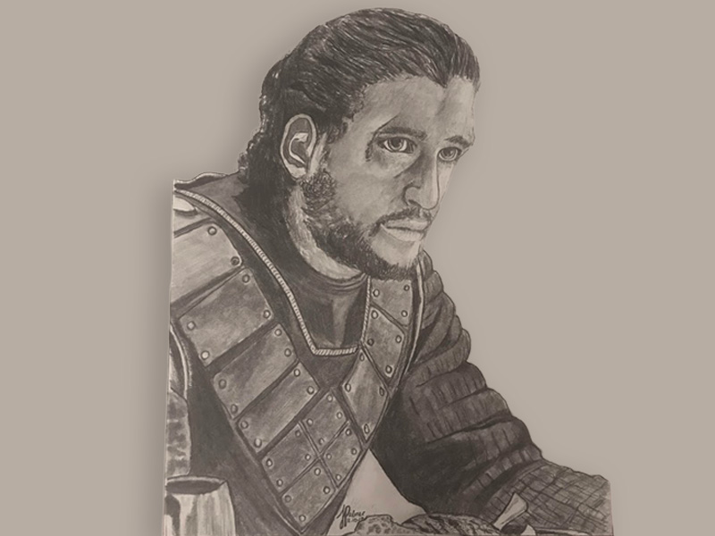 A graphite portrait finished in digital color — from the illustration range