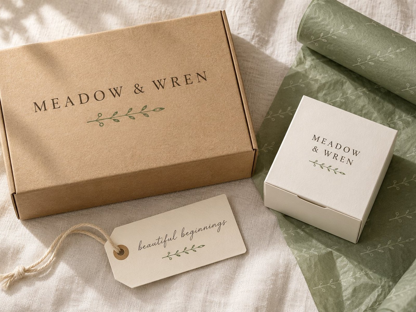 Meadow and Wren logo on kraft box, carton, hang tag, and tissue