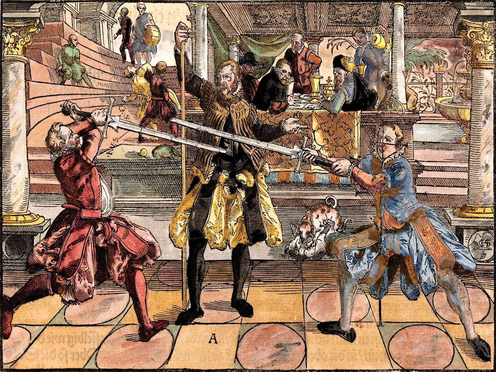 The hand-colorized 1570 Meyer fencing plate