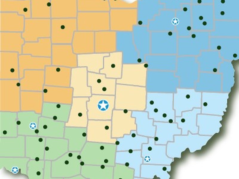 Ohio State Parks regional map — color-coded regions with park markers