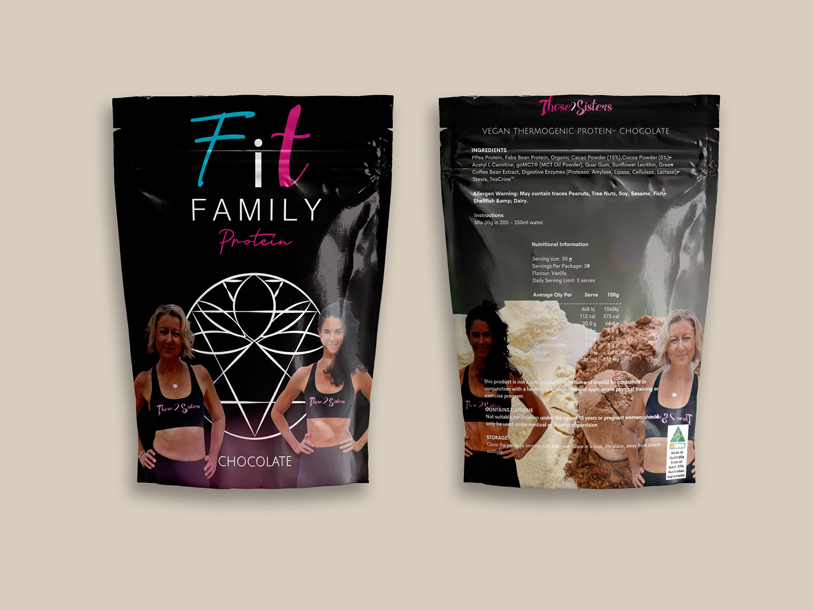 Fit Family Protein packaging, Chocolate and Vanilla