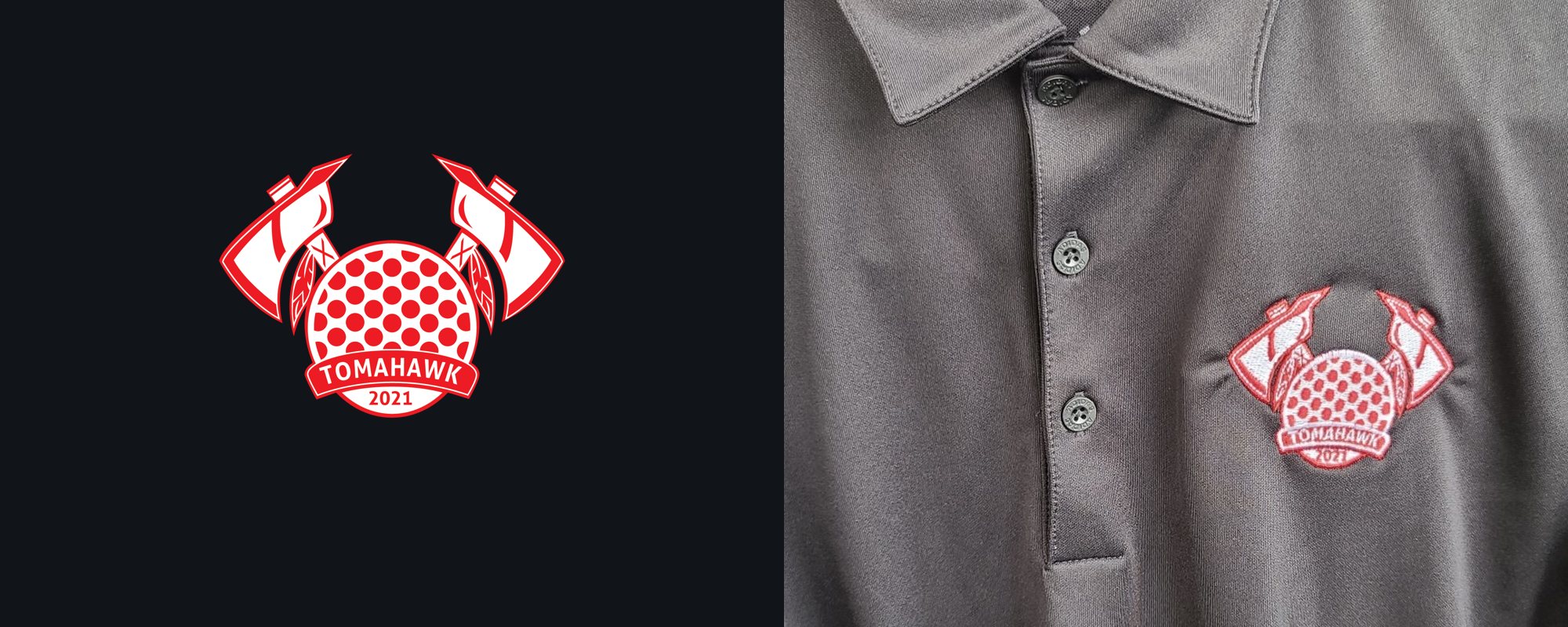 Team Tomahawk embroidered badge beside team and club shirt designs