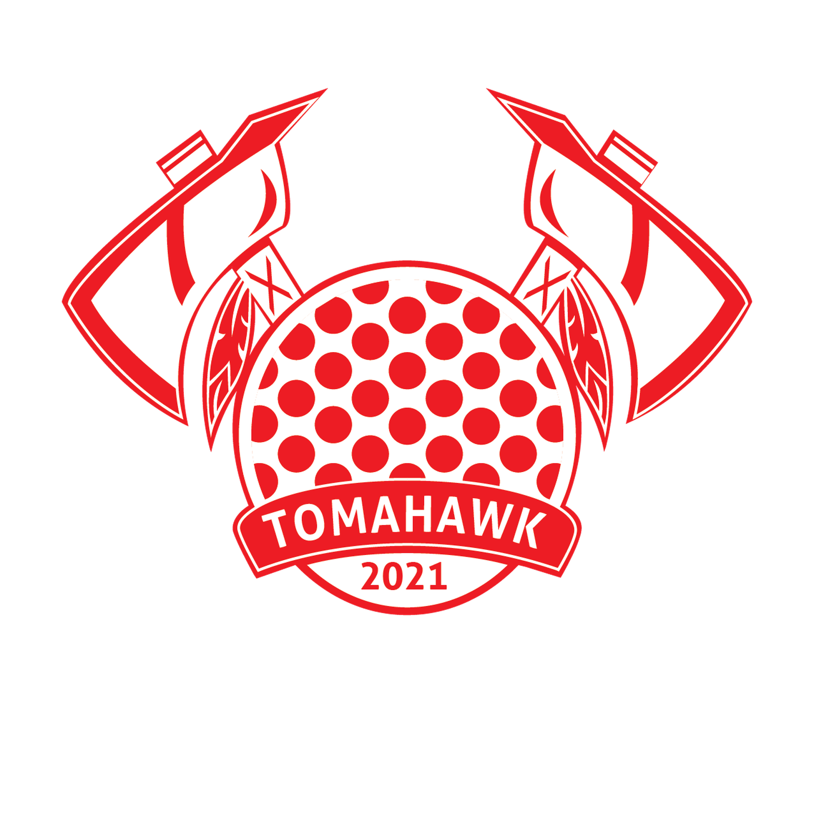 The Team Tomahawk badge rebuilt as a clean single-color red vector — crossed axes, feathers, dimpled ball, and a Tomahawk 2021 banner
