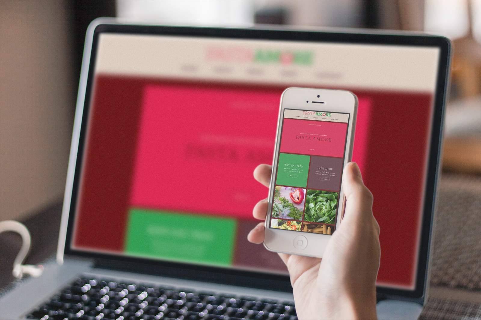 A responsive restaurant website shown on a laptop and a phone at once, the same layout reflowing cleanly from desktop to mobile