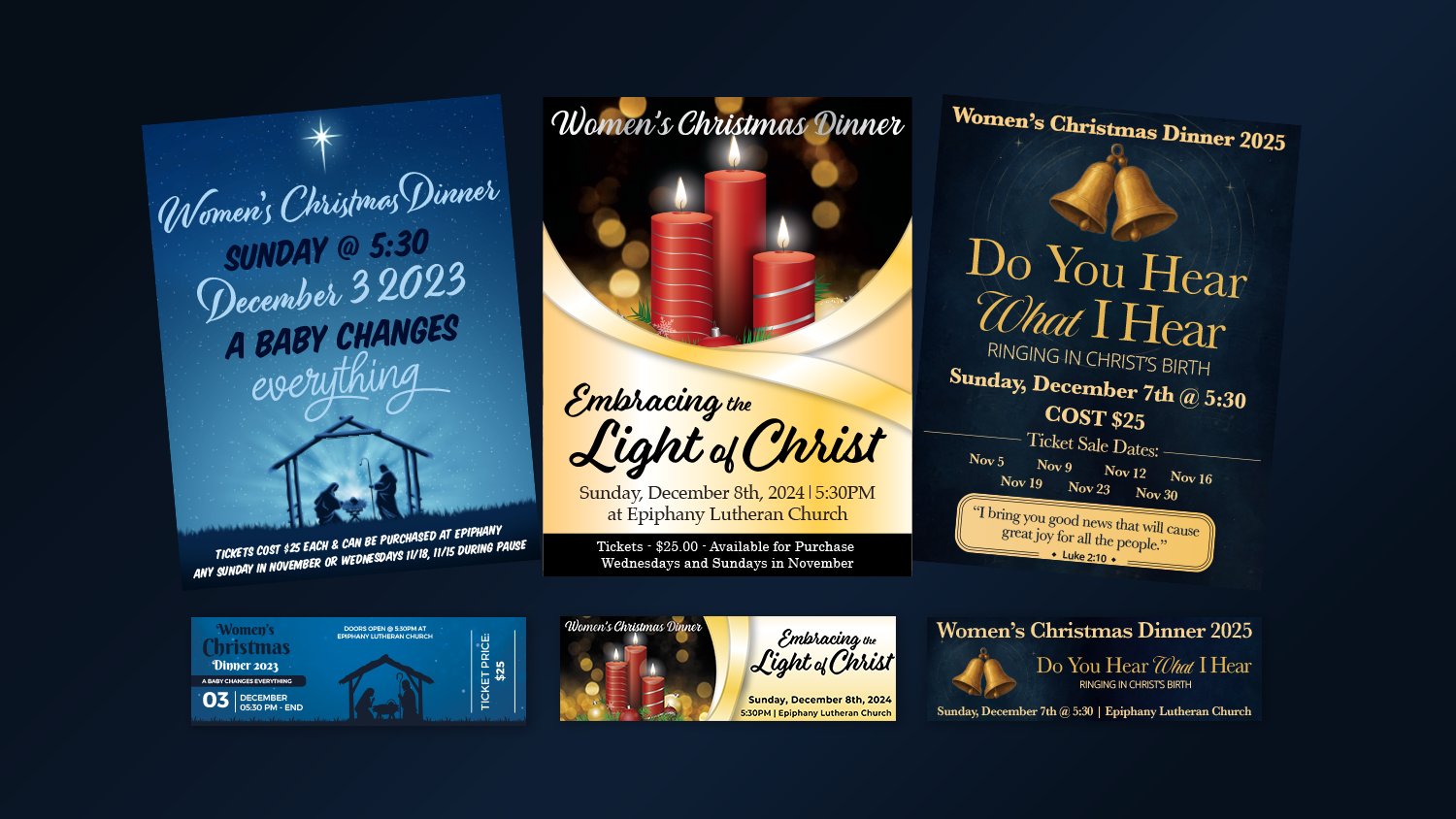 Three years of Women's Christmas Dinner designs shown together — 2023 navy nativity, 2024 gold candlelight, 2025 navy and gold bells